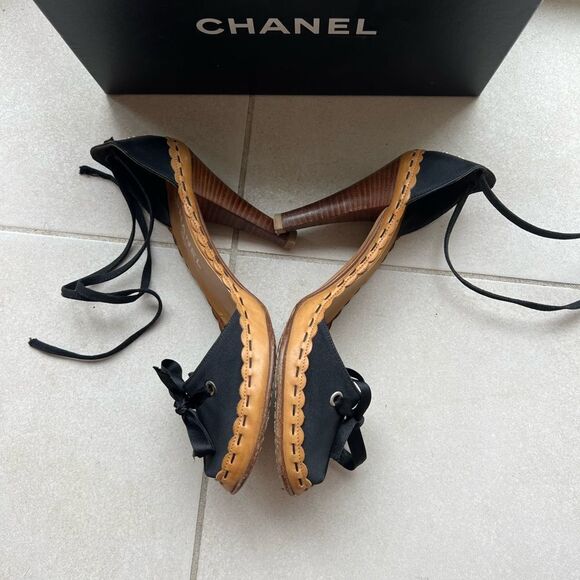 CHANEL Black Satin D'Orsay Sandals Interlocking Pearl CC Logo Lace Up 38 - Picture 7 of 14